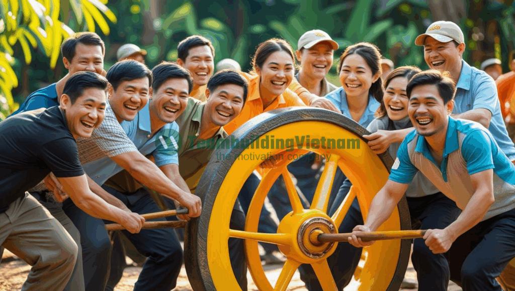 Một đội nhóm đa dạng đang tham gia trò chơi team building ngoài trời đầy năng lượng và hứng khởi