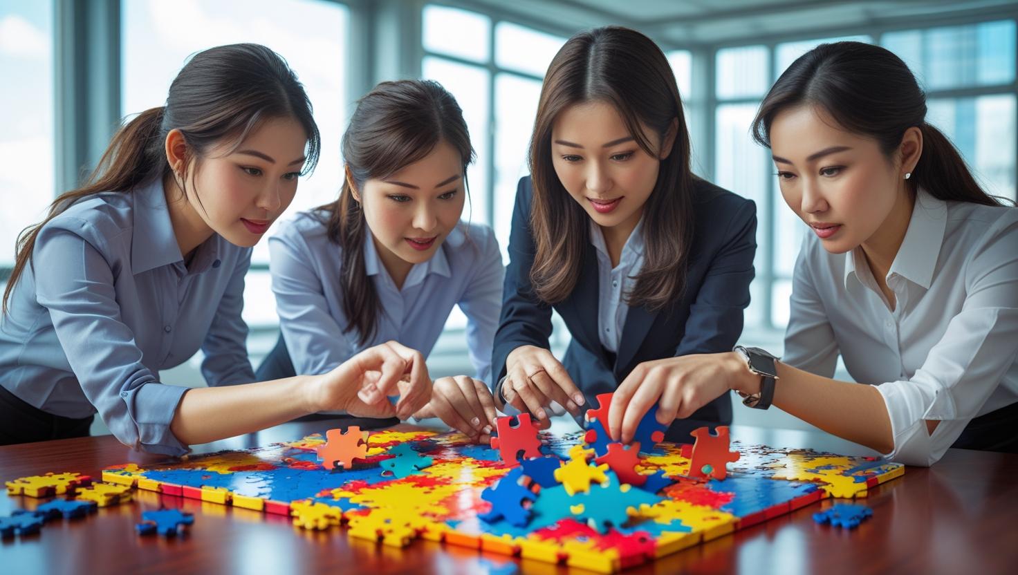 Đội nhóm đang tập trung cao độ giải quyết vấn đề trong một trò chơi team building trí tuệ.
