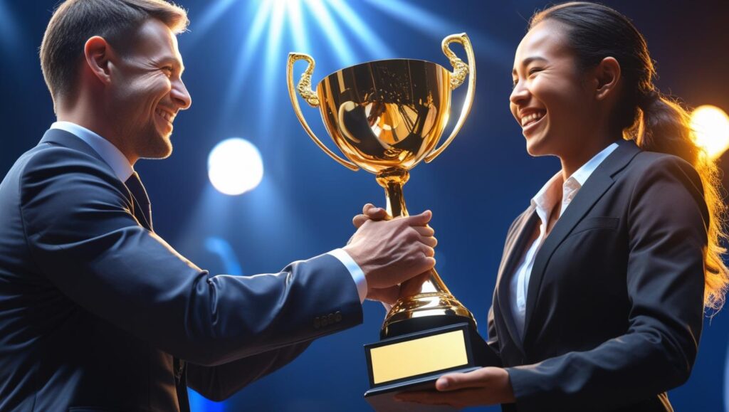 Khoảnh khắc lãnh đạo trao giải vinh danh nhân viên xuất sắc nhất năm trong đêm Gala Dinner.