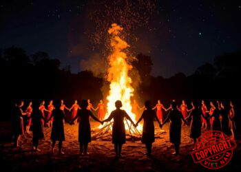 Đội ngũ nhân viên đang quây quần bên ánh lửa trại bùng cháy trong một đêm team building đầy ý nghĩa và cảm xúc.