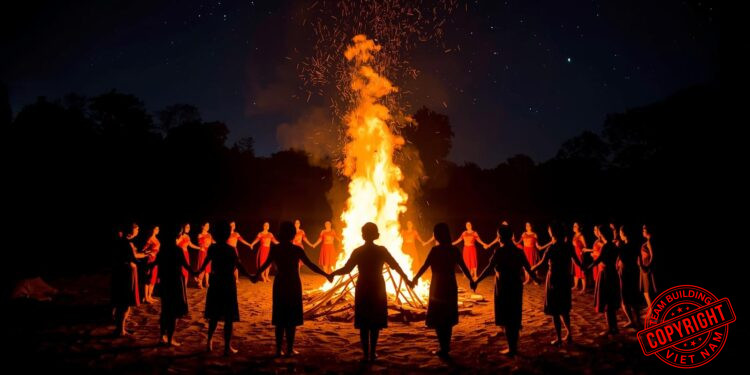 Đội ngũ nhân viên đang quây quần bên ánh lửa trại bùng cháy trong một đêm team building đầy ý nghĩa và cảm xúc.