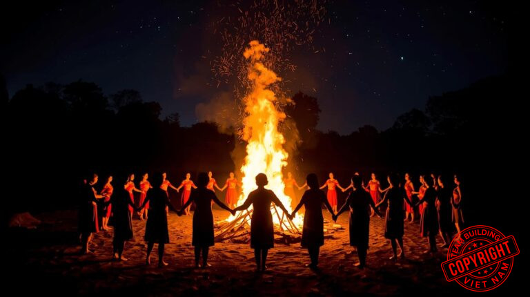 Đội ngũ nhân viên đang quây quần bên ánh lửa trại bùng cháy trong một đêm team building đầy ý nghĩa và cảm xúc.