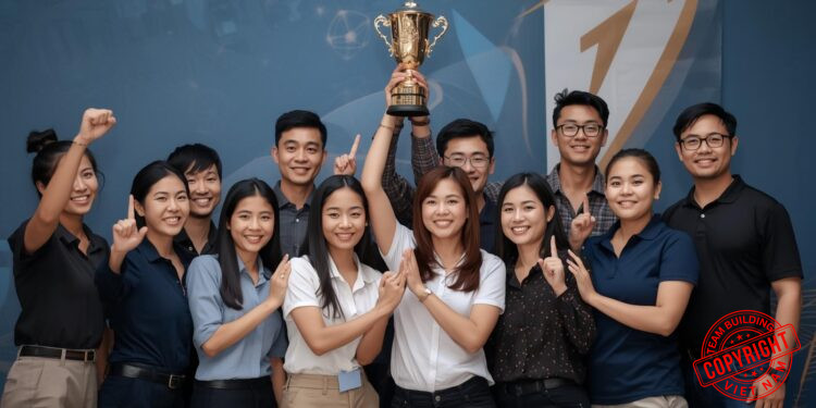 Team Building Cho Sales - Đội ngũ sales đang ăn mừng chiến thắng sau một chương trình team building thành công, thể hiện tinh thần chiến binh và sẵn sàng chinh phục mục tiêu.