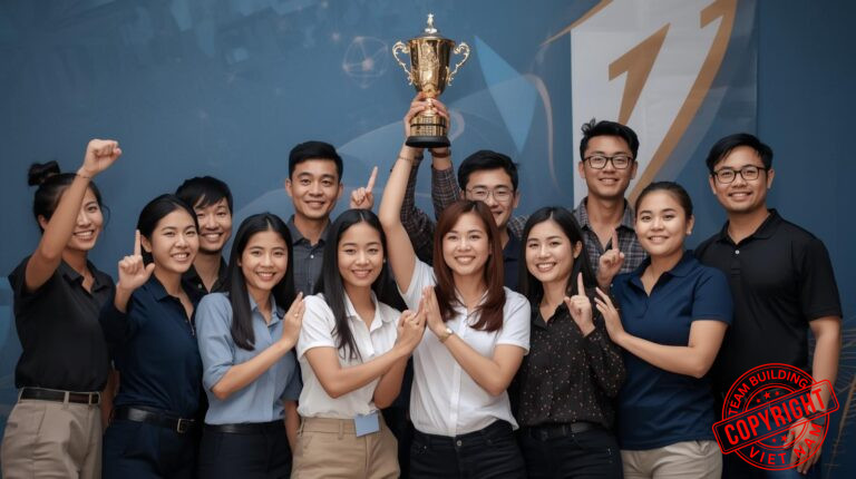 Team Building Cho Sales - Đội ngũ sales đang ăn mừng chiến thắng sau một chương trình team building thành công, thể hiện tinh thần chiến binh và sẵn sàng chinh phục mục tiêu.