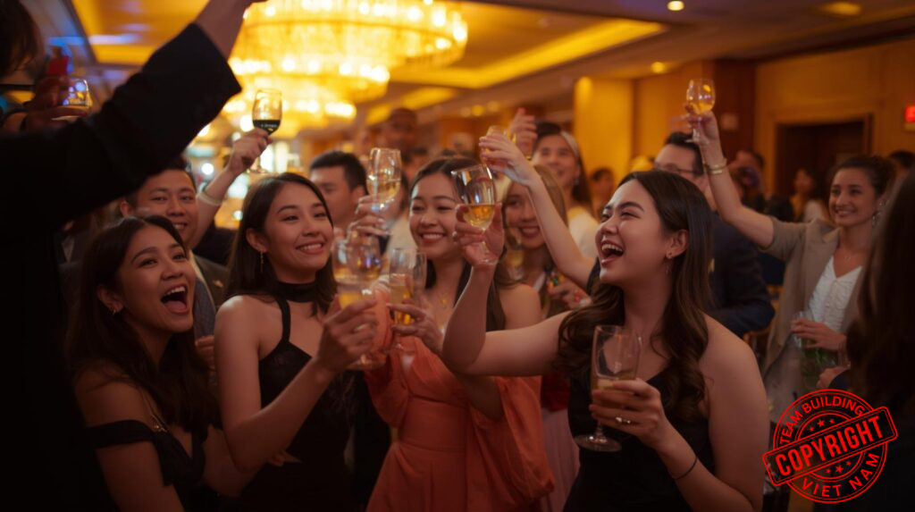Giây phút thư giãn và ăn mừng của đội ngũ sales trong đêm tiệc gala sau những thử thách team building.
