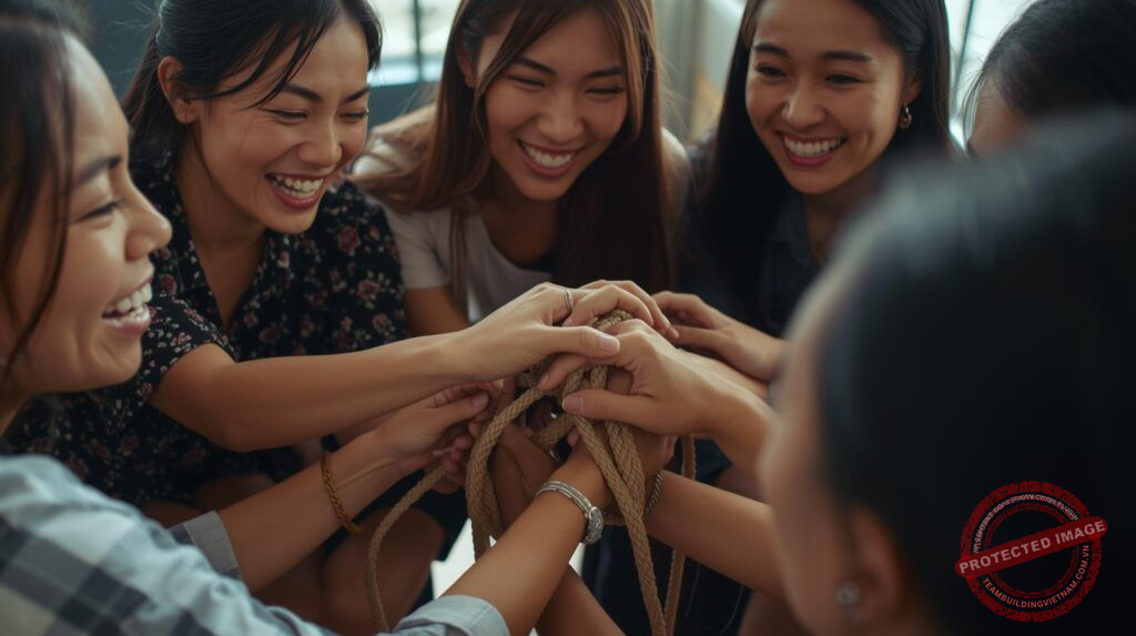 Trò chơi team building trong nhà 'Nút Thắt Con Người' đòi hỏi sự giao tiếp và phối hợp chặt chẽ để giải quyết vấn đề.