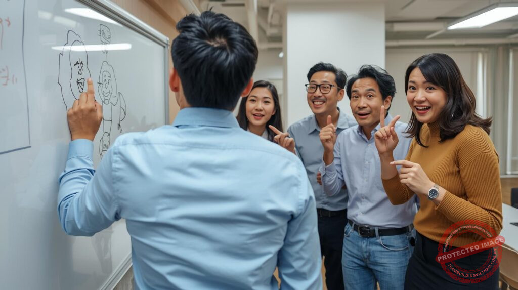 Nhân viên văn phòng đang cùng nhau chơi trò chơi team building trong nhà 'Vẽ Tiếp Sức' đầy sáng tạo và tiếng cười.