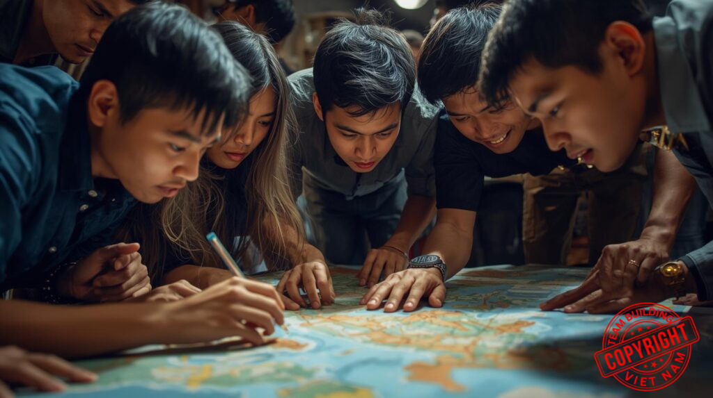 Team Building Cho Đội Ngũ Sales - Một đội kinh doanh đang hợp tác giải mật thư trong trò chơi team building theo chủ đề Amazing Race, rèn luyện kỹ năng chiến thuật.