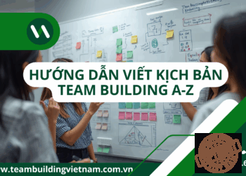 Hình ảnh một đội ngũ chuyên gia đang brainstorm và viết kịch bản team building sáng tạo trên bảng trắng, thể hiện quy trình chuyên nghiệp