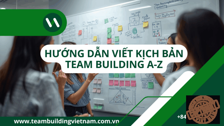 Hình ảnh một đội ngũ chuyên gia đang brainstorm và viết kịch bản team building sáng tạo trên bảng trắng, thể hiện quy trình chuyên nghiệp