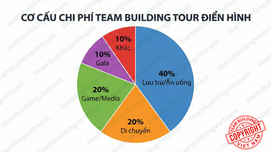 Biểu đồ phân bổ ngân sách và cơ cấu chi phí cho một chương trình team building tiêu chuẩn.