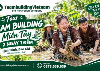 Đoàn khách doanh nghiệp tham gia tour team building Miền Tây 2 ngày 1 đêm với hoạt động tát mương bắt cá cập nhật tháng 9/2026.
