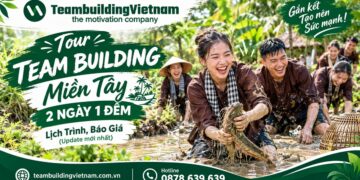 Đoàn khách doanh nghiệp tham gia tour team building Miền Tây 2 ngày 1 đêm với hoạt động tát mương bắt cá cập nhật tháng 9/2026.