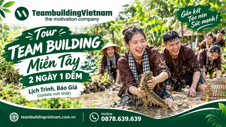 Đoàn khách doanh nghiệp tham gia tour team building Miền Tây 2 ngày 1 đêm với hoạt động tát mương bắt cá cập nhật tháng 9/2026.