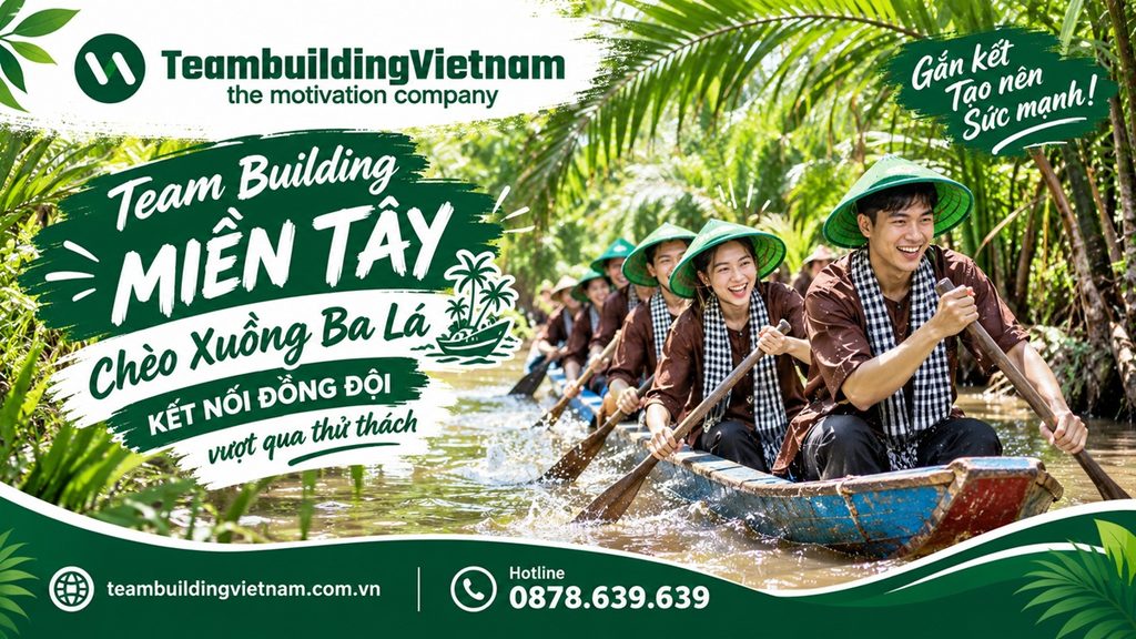 Thử thách chèo xuồng ba lá phối hợp đồng đội trong kịch bản team building Miền Tây, tour team building Miền Tây 2 ngày 1 đêm