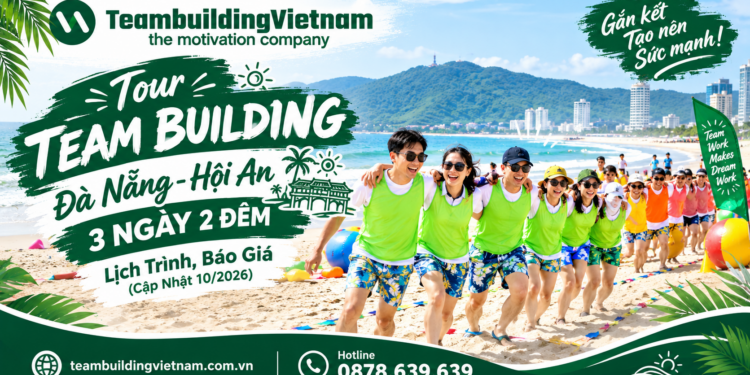 Đoàn khách doanh nghiệp tham gia tour team building Đà Nẵng 3 ngày 2 đêm với các hoạt động gắn kết trên bãi biển Mỹ Khê cập nhật tháng 10/2026.