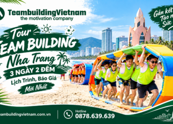 Đoàn khách tham gia tour team building Nha Trang 3 ngày 2 đêm với các hoạt động gắn kết trên bãi biển cập nhật tháng 10/2026.